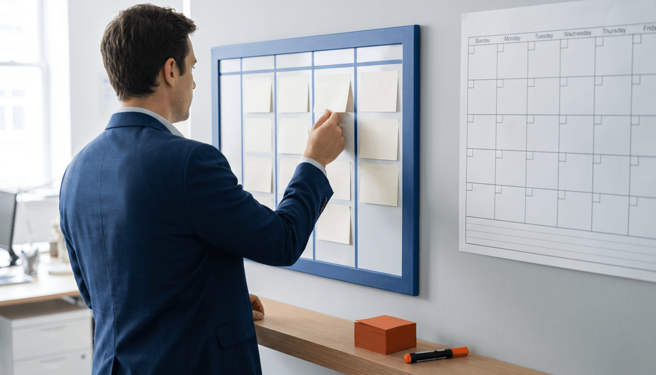 man picking a postit note off of a white board